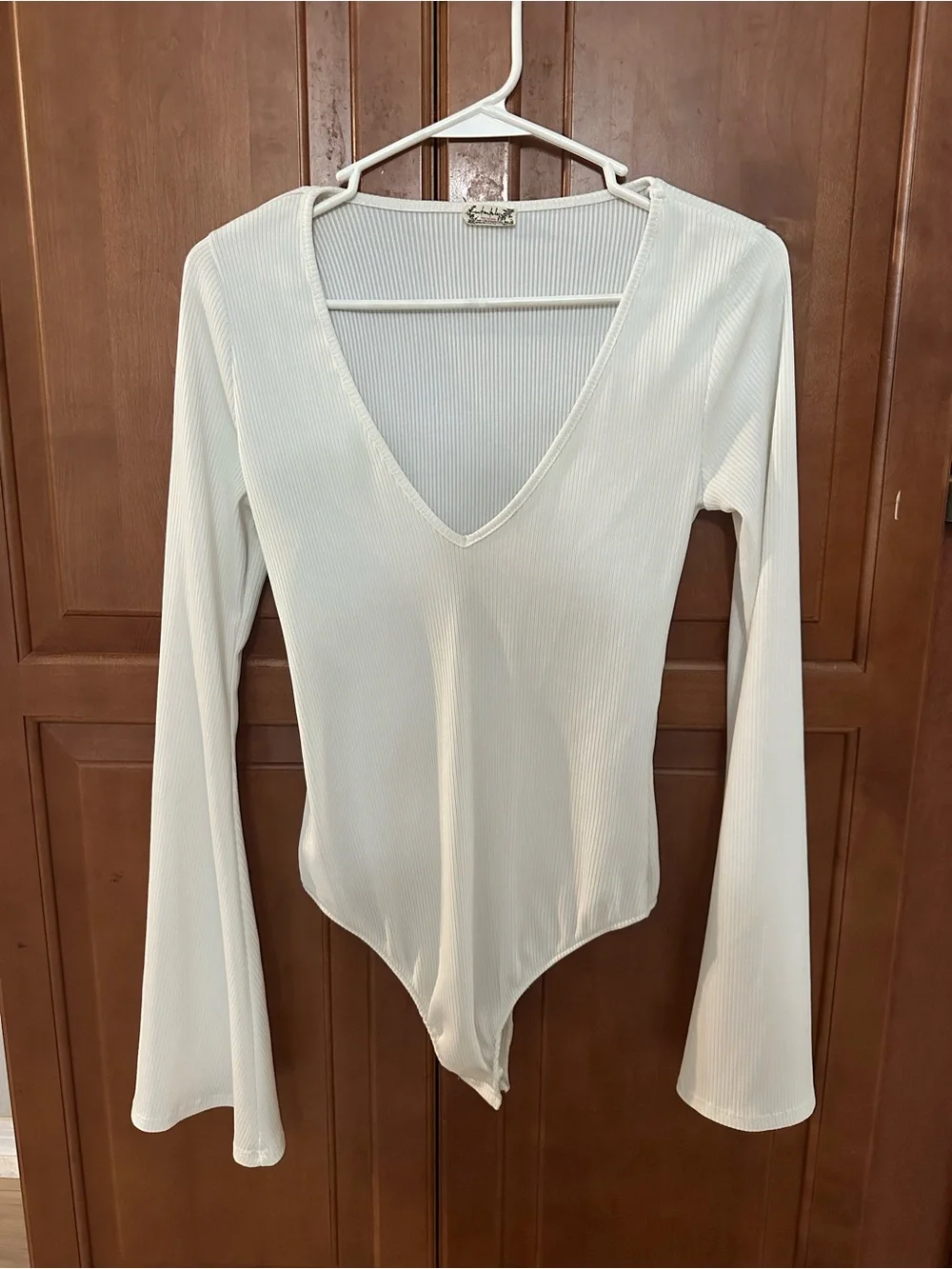 Free People Ribbed V-Neck Long Sleeve Bodysuit - White
